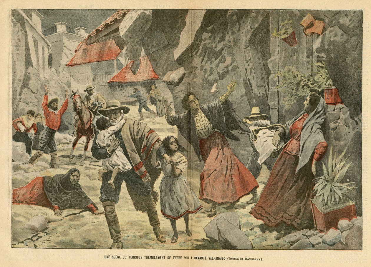 Illustration af Eugene Damblans (1865-1945) i Le Pelerin, 02/09/06 - En scene af det frygtelige jordskælv - Diverse fakta, Latinamerika, Jordskælv, Chile, Valpariso af Eugene Damblans