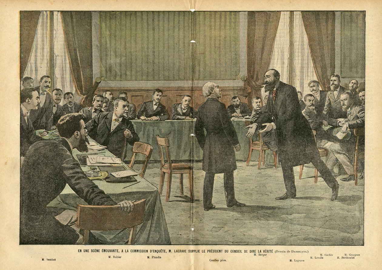 Illustration af Eugene Damblans (1865-1945) i Le Pelerin, 03/07/04 - I en bevægende scene, i undersøgelseskommissionen, bad M. Lagrave formanden for Rådet om at fortælle sandheden - Religion Tro, Undersøgelseskommissionen , katolsk katolicisme - mio af Eugene Damblans