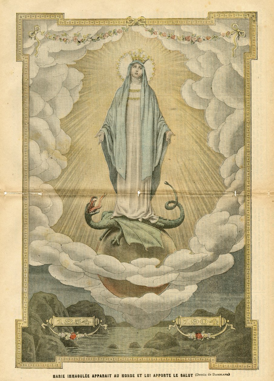 Illustration af Eugene Damblans (1865-1945) i Le Pelerin, 04/12/04 - Mary immaculee viser sig for verden og bringer frelse til den - Religion Tro, katolsk katolicisme - Immaculee undfangelse - Mary, Dragon - Skyer - Jorden af Eugene Damblans