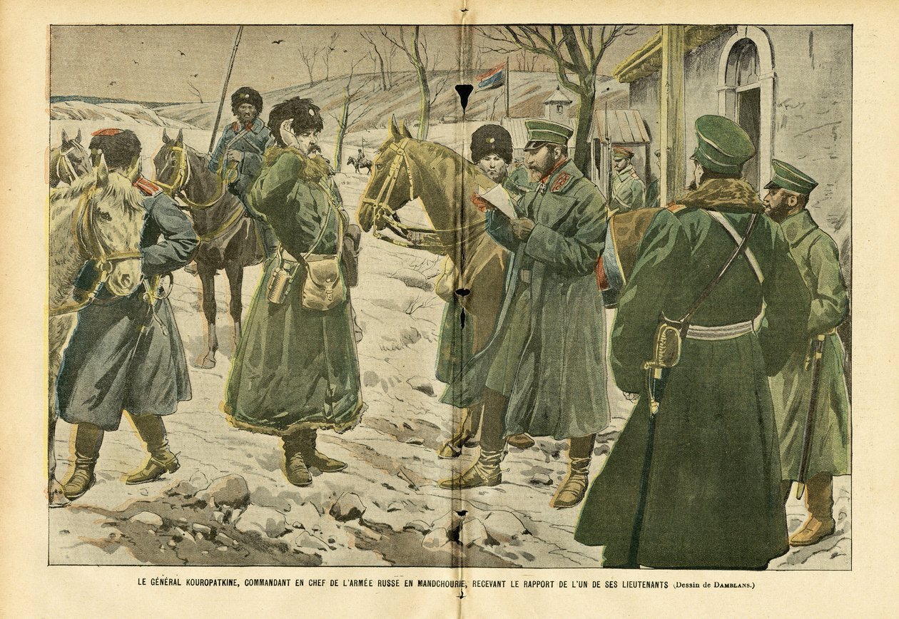 Illustration af Eugene Damblans (1865-1945) i Le Pelerin, 05/03/05 - General Kuropatkin, øverstkommanderende for den russiske Armea i Manchuriet, modtager rapporten fra en af hans løjtnanter - Rusland, Armea, Manchuriet, Russisk -Japansk krig, sne - genera af Eugene Damblans