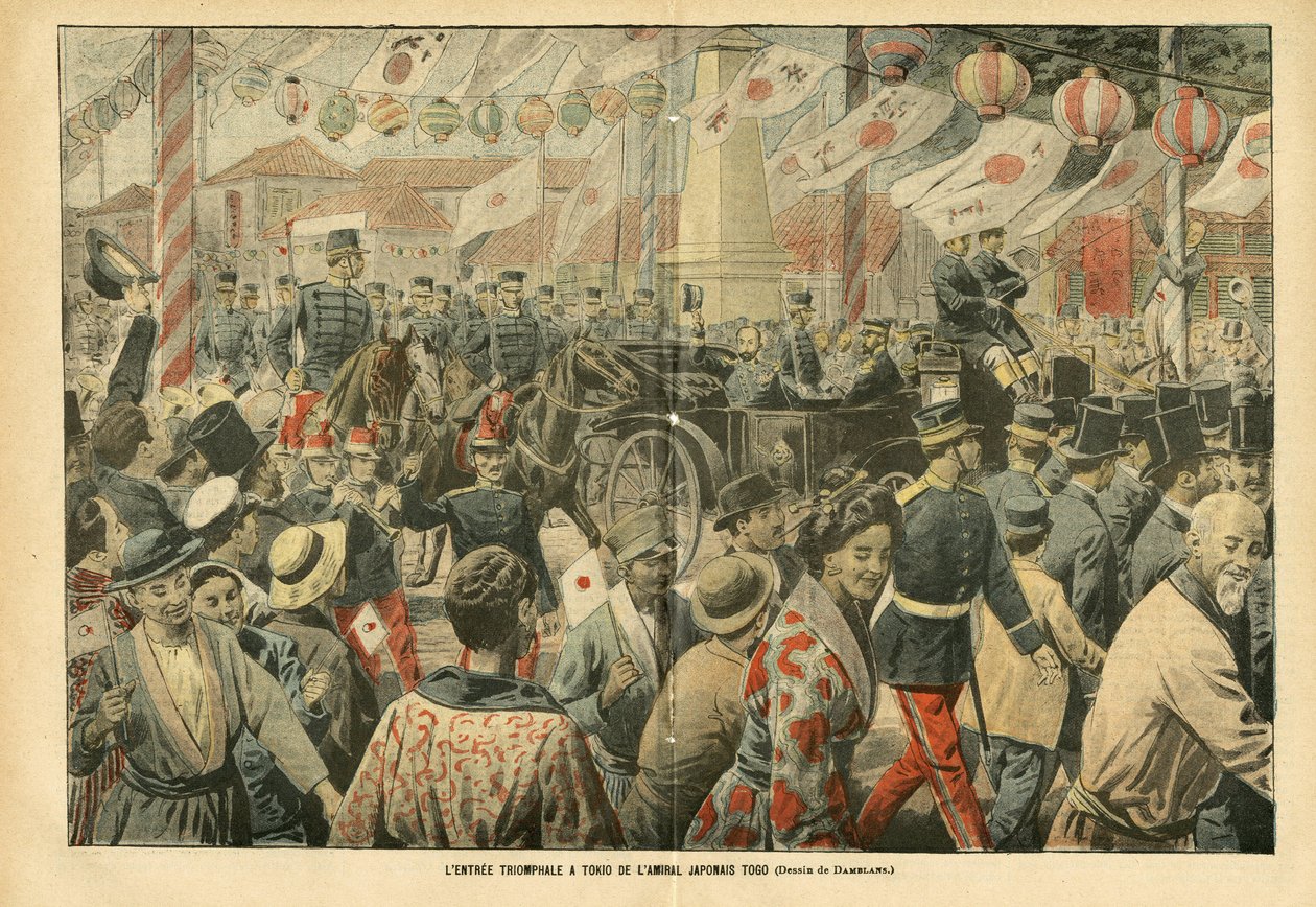 Illustration af Eugene Damblans (1865-1945) i Le Pelerin, 05/11/05 - Den japanske admiral Togos triumferindgang til Tokio - Armee, Japan, Crowd, Tokyo - Admiral Admirals, Togo Heihachiro (1848-1934), civile af Eugene Damblans