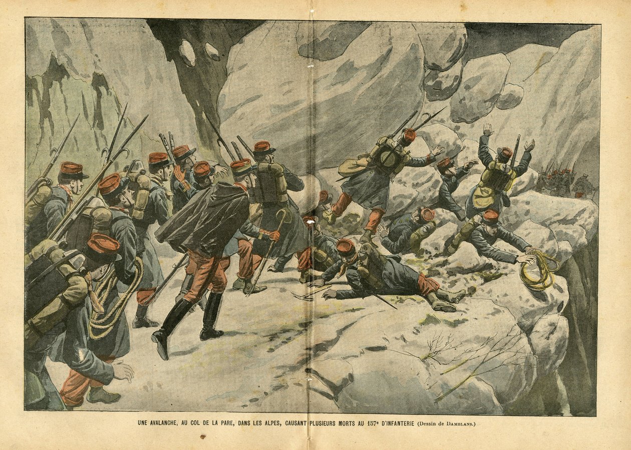 Illustration af Eugene Damblans (1865-1945) i Le Pelerin, 06/03/04 - En lavine ved Pare passet i Alperne, der forårsagede flere dødsfald ved 157. infanteri - Forskellige fakta, Armee, Bjergbestigning, Infanteri , Alperne, Lavine - Soldat af Eugene Damblans