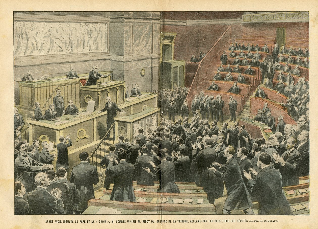 Illustration af Eugene Damblans (1865-1945) i Le Pelerin, 06/11/04 - Efter at have fornærmet paven og korset fornærmede M. Combes M. Ribot, der steg ned fra podiet, jublet af to tredjedele af deputerede - Chamber of Deputerede Hemicycle, Kampe, Retning af Eugene Damblans