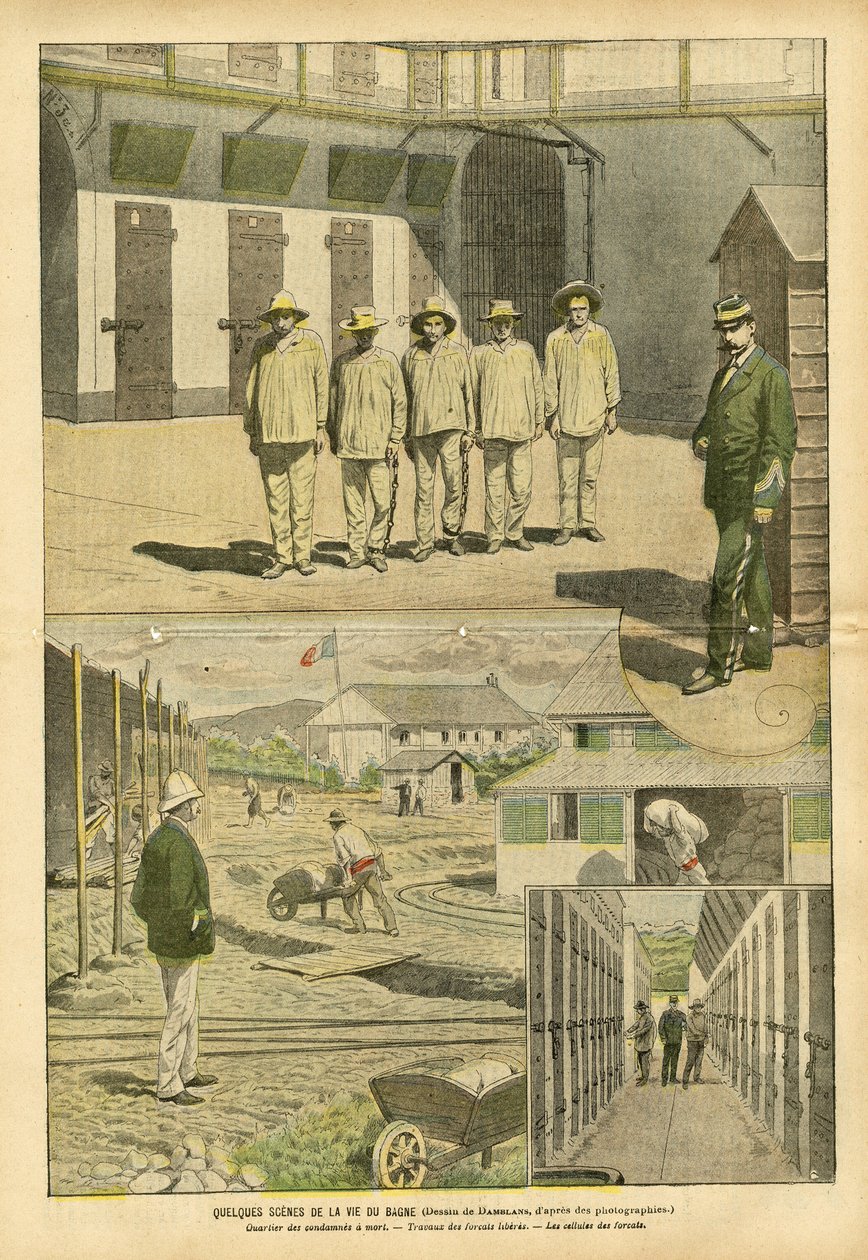 Illustration af Eugene Damblans (1865-1945) i Le Pelerin, 07/05/05 - Nogle scener fra bagnes liv - Fængsler, Bagnes, Arbejdsstyrker - Fanger, Fængselsbetjente af Eugene Damblans