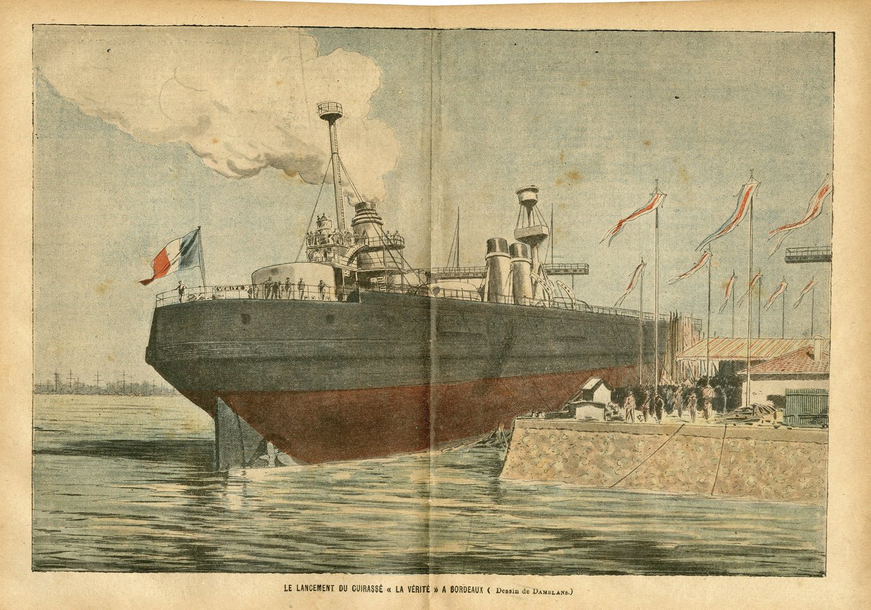 Illustration af Eugene Damblans (1865-1945) i Le Pelerin, 09/06/07 - Lanceringen af ​​brystpladen "" La Verite" i Bordeaux - Maritime Marine Nautique Balneaire, Port, Bordeaux, Indvielse, Cuirasse af Eugene Damblans