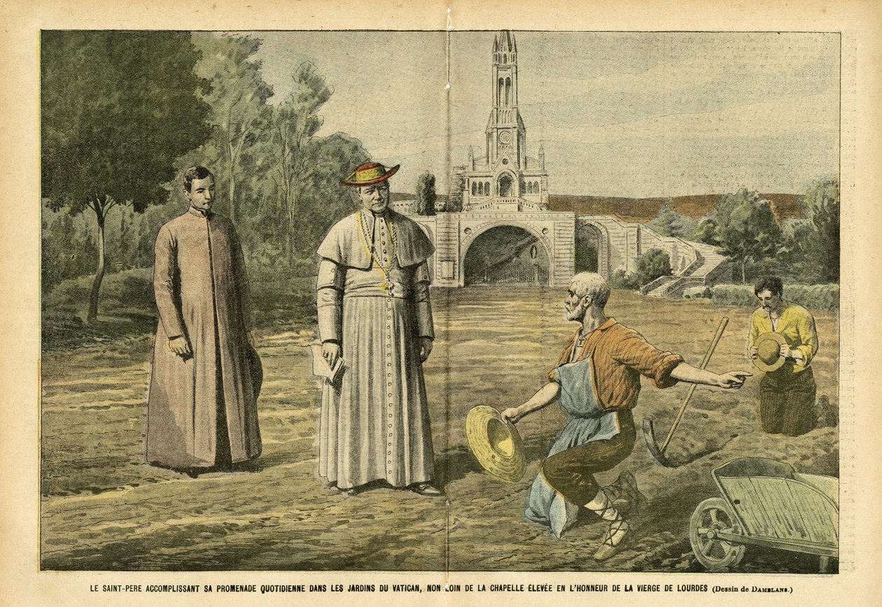 Illustration af Eugene Damblans (1865-1945) i Le Pelerin, 20/08/05 - Den Hellige Fader udfører sin daglige vandring i Vatikanets haver, ikke langt fra kapellet, der er rejst til ære for Jomfruen af Lourdes - Religion Tro, Landbrug, Vatikanet, Katolik af Eugene Damblans