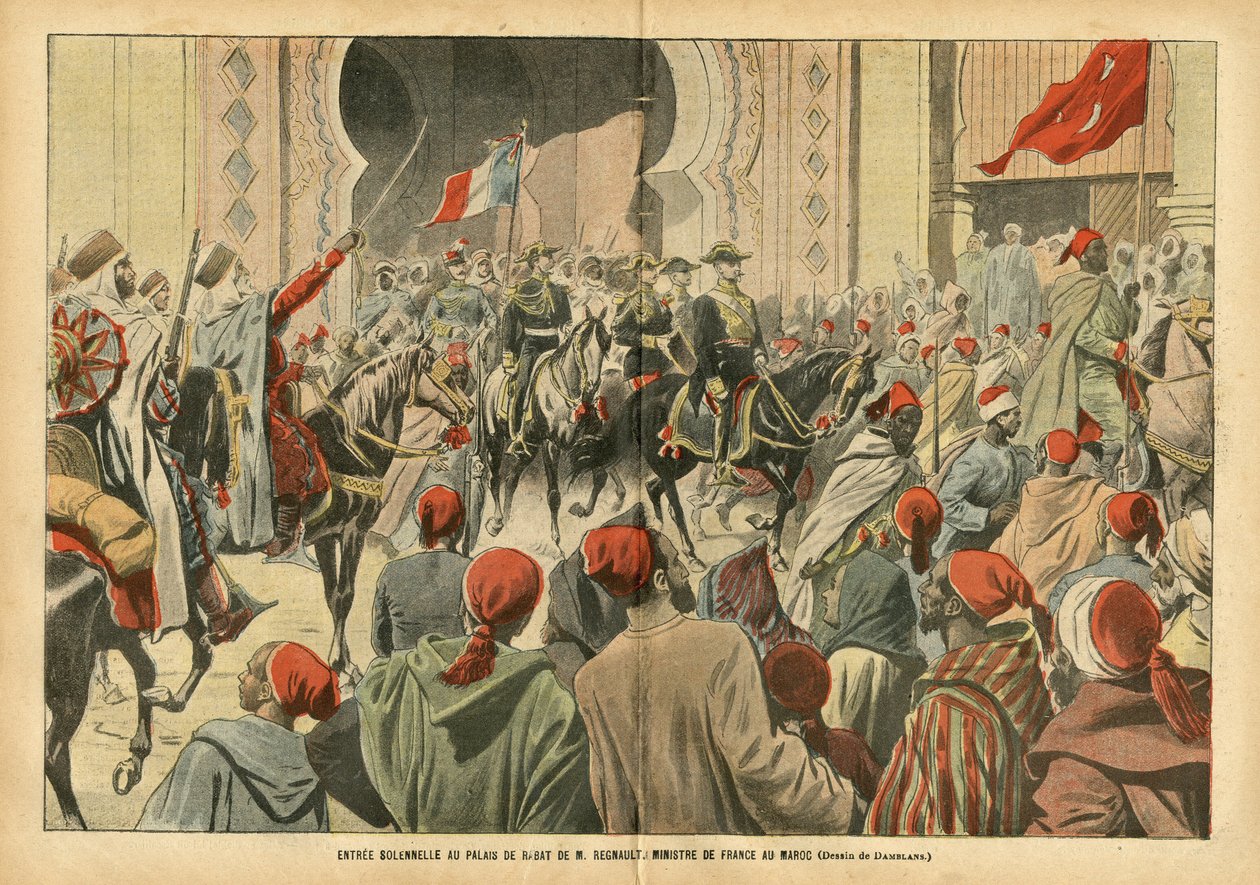 Illustration af Eugene Damblans (1865-1945) i Le Pelerin, 20/10/07 - Højtidelig indgang til Palais de Rabat af Mr. Regnault, Frankrigs minister i Marokko - Kolonisering Kolonialisme Kolonier, Arkitektur Urbanisme, Marokko, Officielt besøg - Regnault Euge af Eugene Damblans