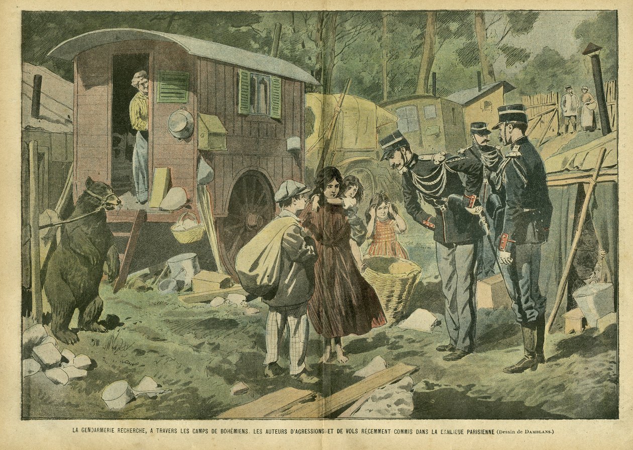 Illustration af Eugene Damblans (1865-1945) i Le Pelerin, 21/04/07 - Gendarmeriet søger gennem bohemernes lejre gerningsmændene til angreb og røverier for nylig begået i de parisiske forstæder - Forskellige fakta, Barndom, Politi, Misere, Insecu af Eugene Damblans
