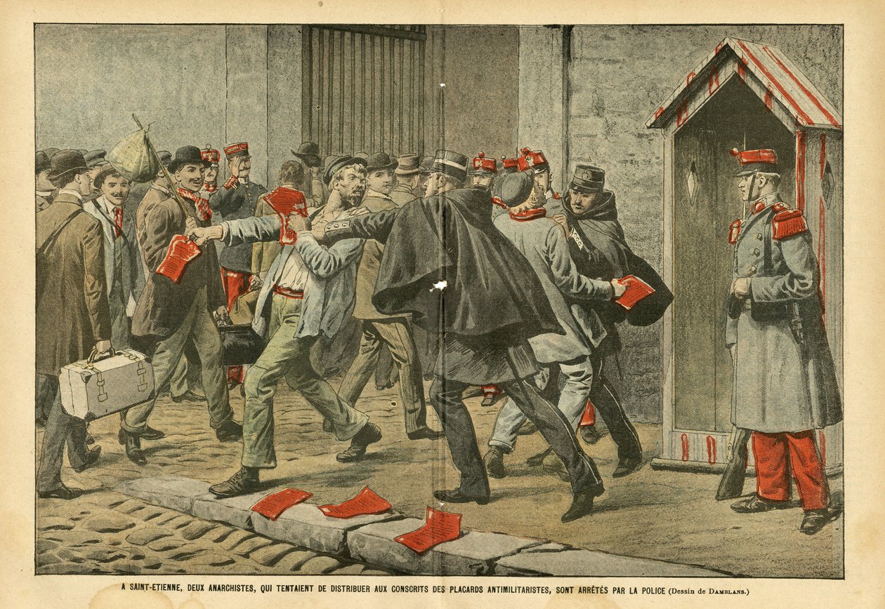 Illustration af Eugene Damblans (1865-1945) i Le Pelerin, 22/10/05 - I Saint-Etienne blev to anarkister, der forsøgte at distribuere antimilitaristiske garderober til værnepligtige, arresteret af politiet - Antimilitarism, Anarchist Anarchism, Armee, Polit af Eugene Damblans