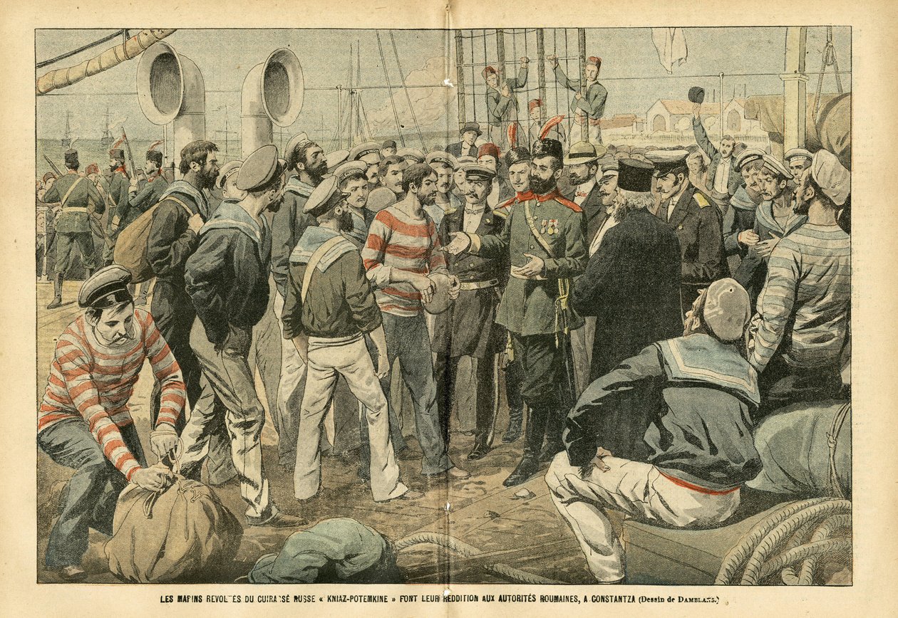 Illustration af Eugene Damblans (1865-1945) i Le Pelerin, 23/07/05 - Oprørssejlerne fra det russiske slagskib Kniaz-Potemkin overgiver sig til de rumænske myndigheder i Constantza - Rusland, Maritime Marine Seaside, Rumænien, revolutionen i 1905 , af Eugene Damblans