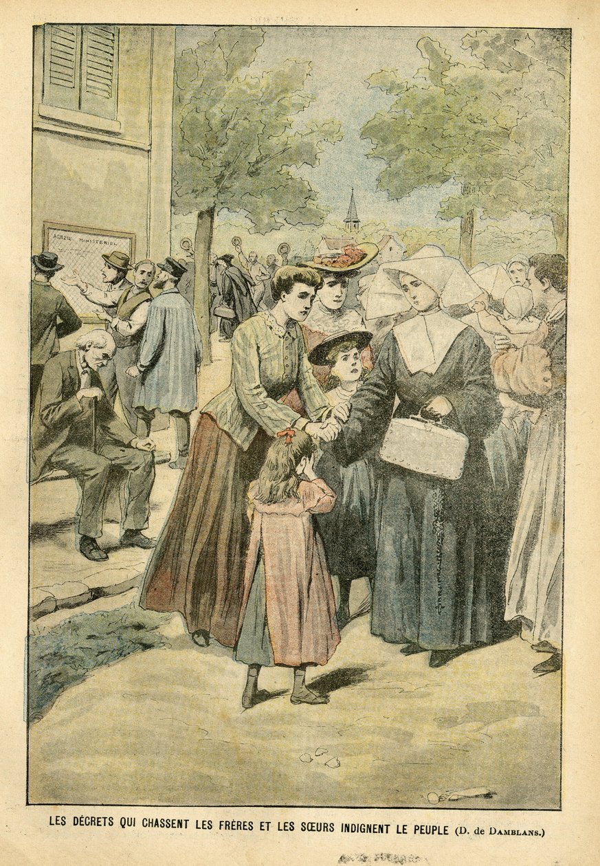 Illustration af Eugene Damblans (1865-1945) i Le Pelerin, 24/07/04 - Dekreter, der driver brødre og søstre ud, forarger folket - Undervisning, Religion Tro, folkemængde, katolsk katolicisme - Adskillelse af kirke og stat, udsættelse af religiøse, Undervise af Eugene Damblans