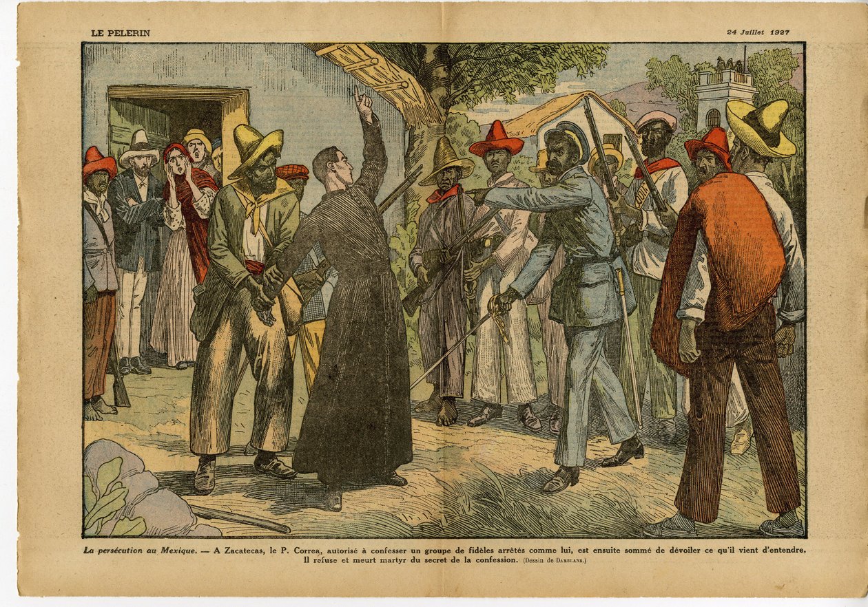 Illustration af Eugene Damblans (1865-1945) i Le Pelerin, 24/07/27 - Forfølgelser i Mexico - Religion Tro, Revolution, Mexico, katolsk katolicisme - Bekendelsesskrift - Helbredelse af Eugene Damblans
