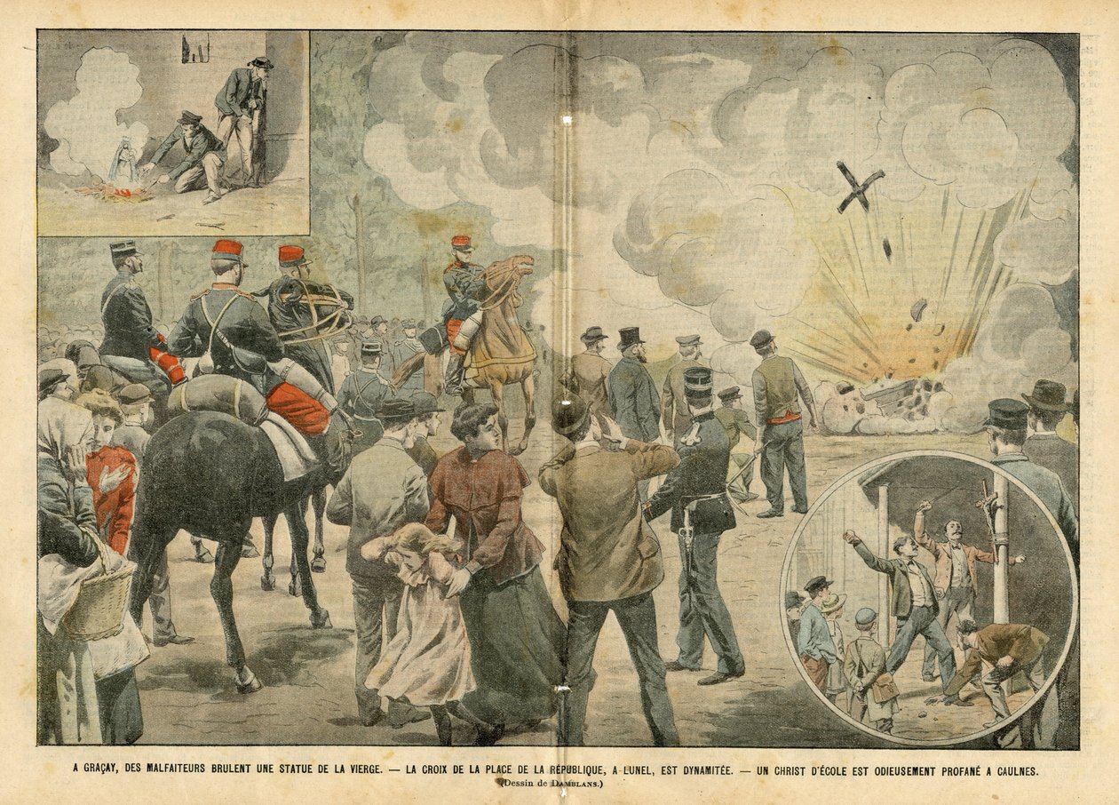 Illustration af Eugene Damblans (1865-1945) i Le Pelerin, 25/09/04 - I Gracay brænder forbrydere en statue af jomfruen - Skorpen på Place de la Republique er dynamitisk, og skolens Kristus er modbydeligt profan i Caulnes - Antiklerikalisme, Religionstro af Eugene Damblans