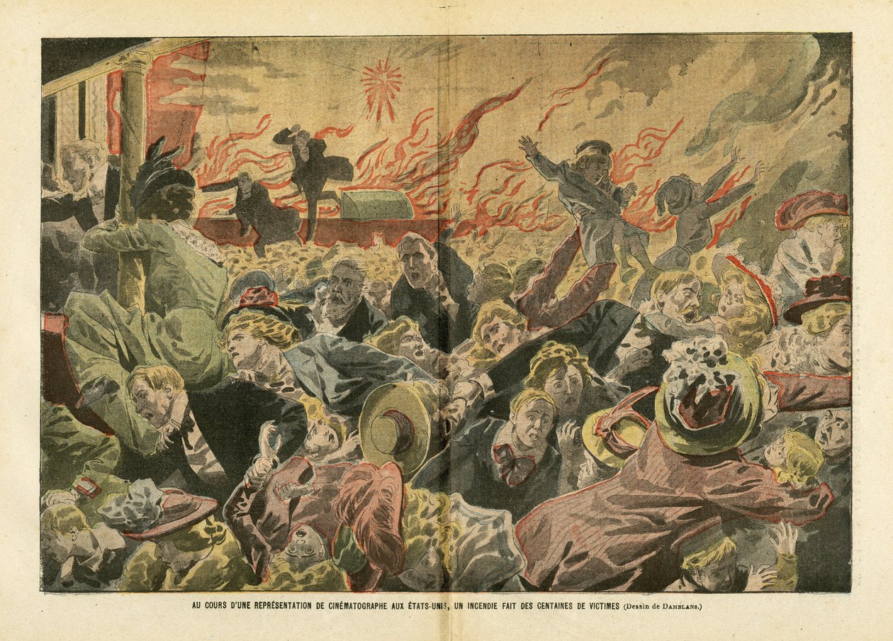 Illustration af Eugene Damblans (1865-1945) i Le Pelerin, 26/01/08 - Under en filmskaberoptræden i USA blev hundredvis af ofre dræbt i en brand - Amerika USA USA, Diverse fakta, Biograf, Crowd, Ild af Eugene Damblans
