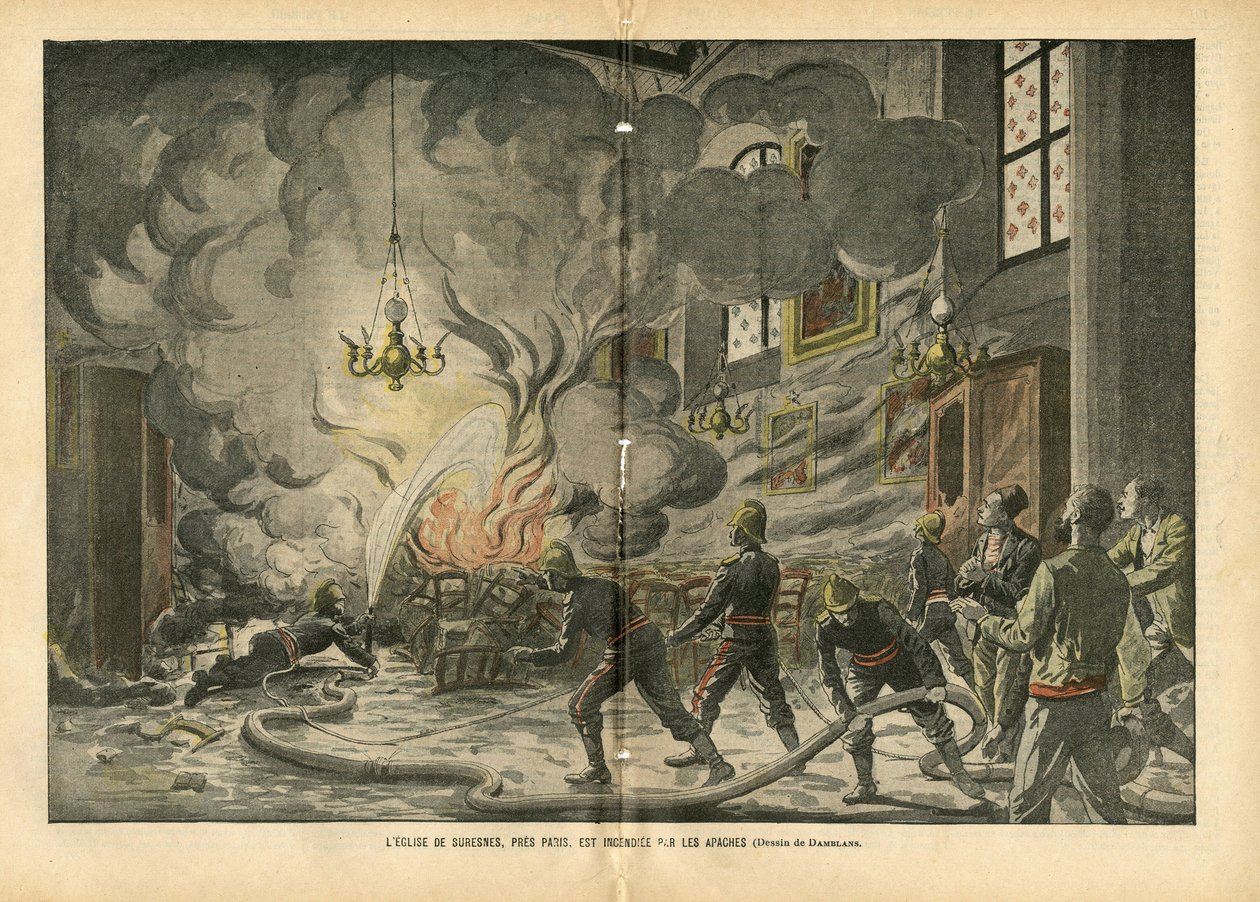 Illustration af Eugene Damblans (1865-1945) i Le Pelerin, 26/06/04 - Kirken Suresnes, nær Paris, brændes af apacherne - Diverse fakta, Religion Tro, Usikkerhed, Cathedrale Kirker, Brand, Suresnes, Katolsk Katolicisme - Apaches proxen af Eugene Damblans