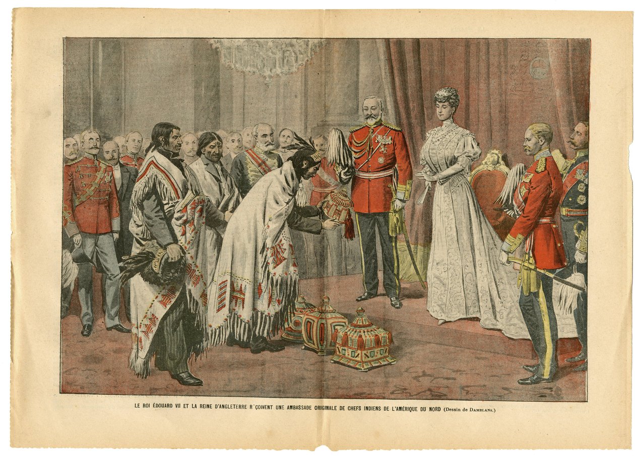 Illustration af Eugene Damblans (1865-1945) i Le Pelerin, 26/08/06 - Kong Edward og dronning af England... - Amerika USA USA, England Storbritannien, officielt besøg - Edward VII (1841-1910), Victoria, indianere af indianere af Eugene Damblans