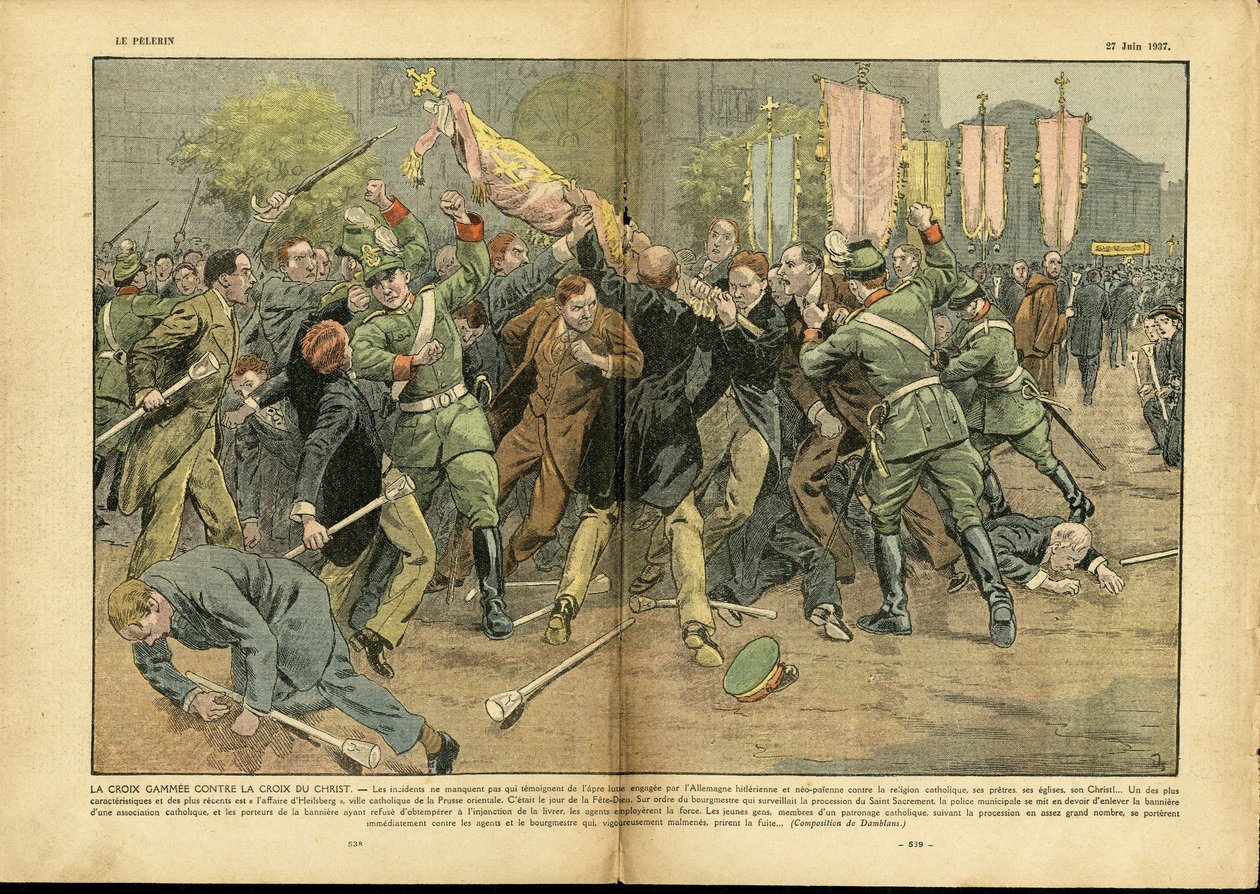 Illustration af Eugene Damblans (1865-1945) i Le Pelerin, 27/06/37 - Korset mod Kristi kors i Hitlertyskland - Tyskland Preussen, Religion Tro, Folkemængde, Kamp, Retning, Gammee Kors, Kristent Kors, Katolik Katolicisme - Solgt af Eugene Damblans