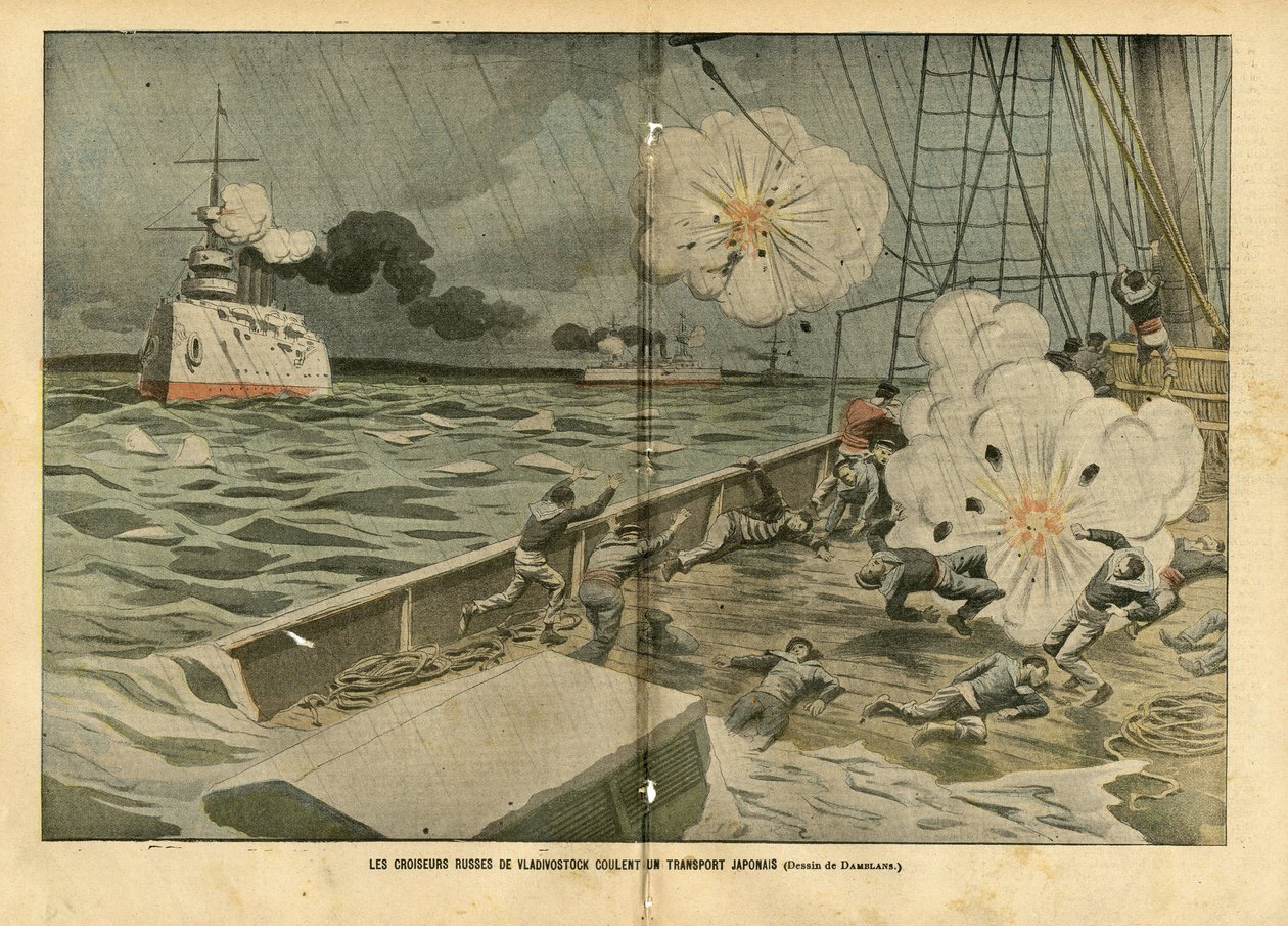Illustration af Eugene Damblans (1865-1945) i Le Pelerin, 28/02/04 - De russiske krydsere af Vladivostok sænker en japansk transport - Armee, Maritime Marine Seaside, Russisk-Japansk krig, Krigsskibe, Vladivostok - Sømænd, sømænd af Eugene Damblans