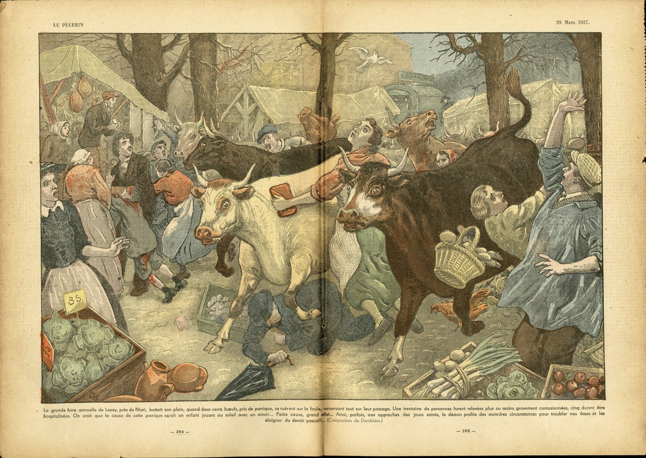 Illustration af Eugene Damblans (1865-1945) i Le Pelerin, 28/03/37 - Den store årlige messe i Lezay nær Niort - Diverse fakta, Økonomi, Crowd, Butikker, Landbrug, bælgplanter - Ko, Oksekød, Camelot rejsende sælger af Eugene Damblans