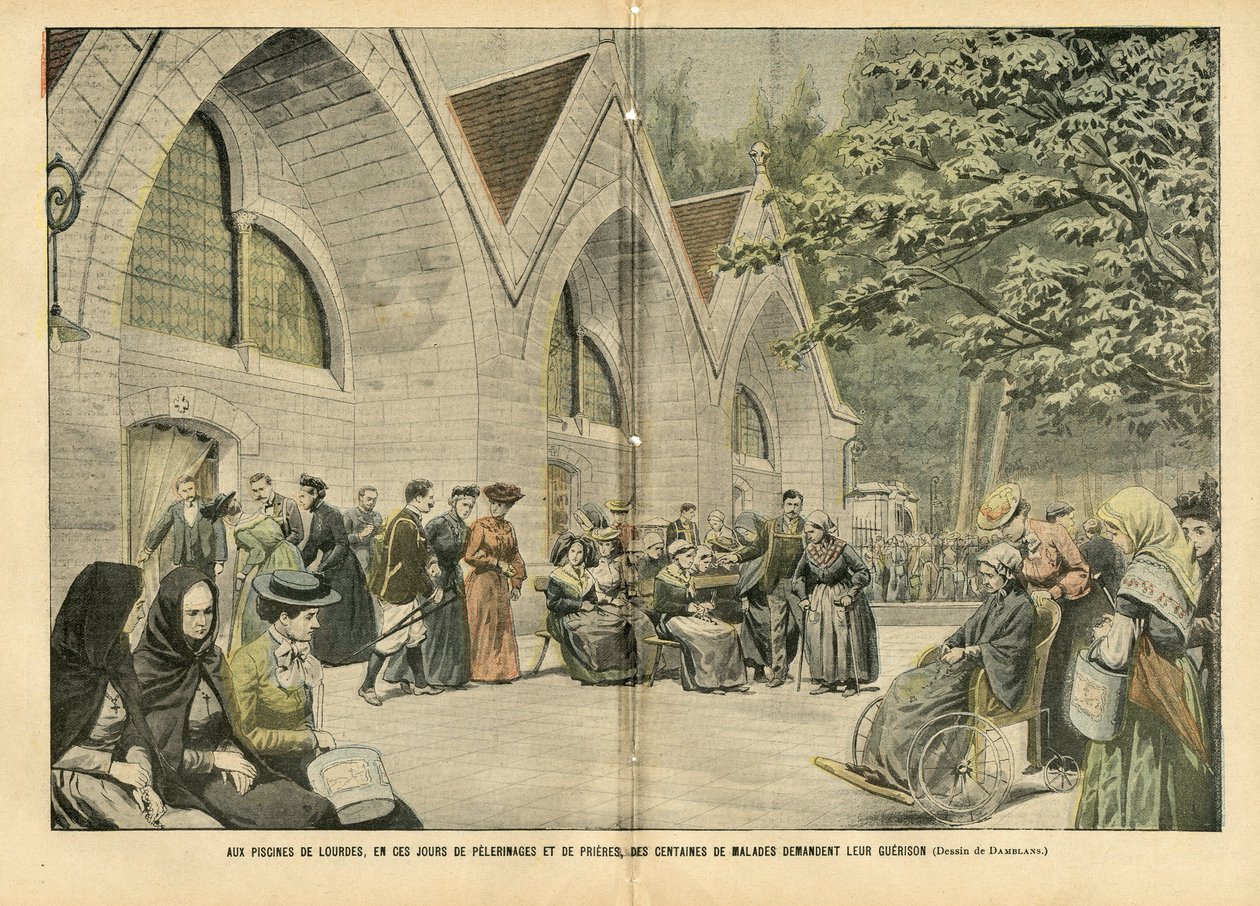 Illustration af Eugene Damblans (1865-1945) i Le Pelerin, 28/08/04 - Ved poolene i Lourdes, i disse dage med pelerinager og bønner, beder hundredvis af patienter om deres krig - Medicin, Religion Tro, Arkitektur Byplanlægning , katolsk katolik af Eugene Damblans