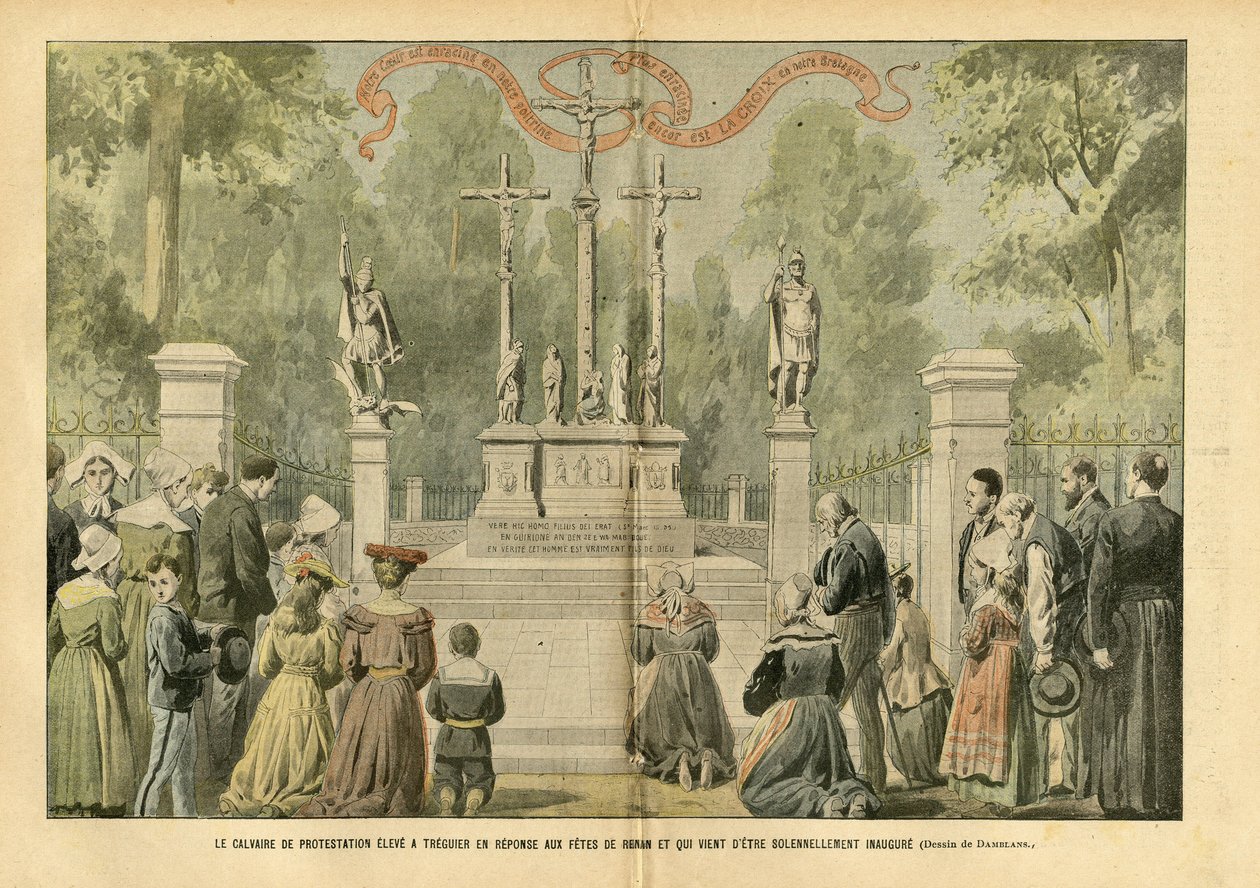 Illustration af Eugene Damblans (1865-1945) i Le Pelerin, 29/05/04 - Golgata for protester rejst i Treguier som svar på Renans fester, og som netop er blevet højtideligt indviet - Religion Tro, Bretagne, Treguier, katolsk katolicisme - Pro af Eugene Damblans