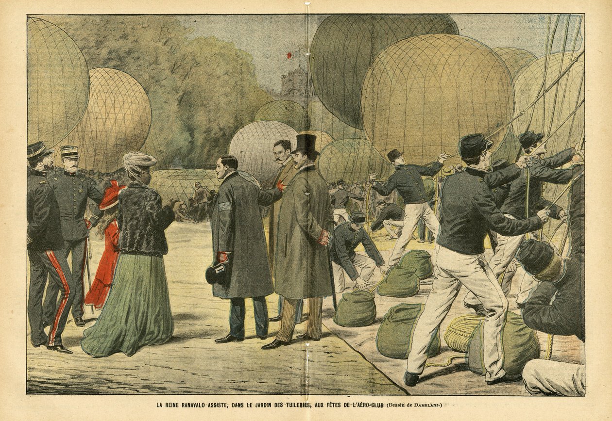 Illustration af Eugene Damblans (1865-1945) i Le Pelerin, 29/10/05 - Dronning Ranavalo deltager, i Tuileries Garden, i Aero-Club festen - Balloner luftskibe zeppelin aerostation, Paris, Madagaskar, Offentlig Have, Udenlandske Sovereigners, Tuilerier - Rana af Eugene Damblans