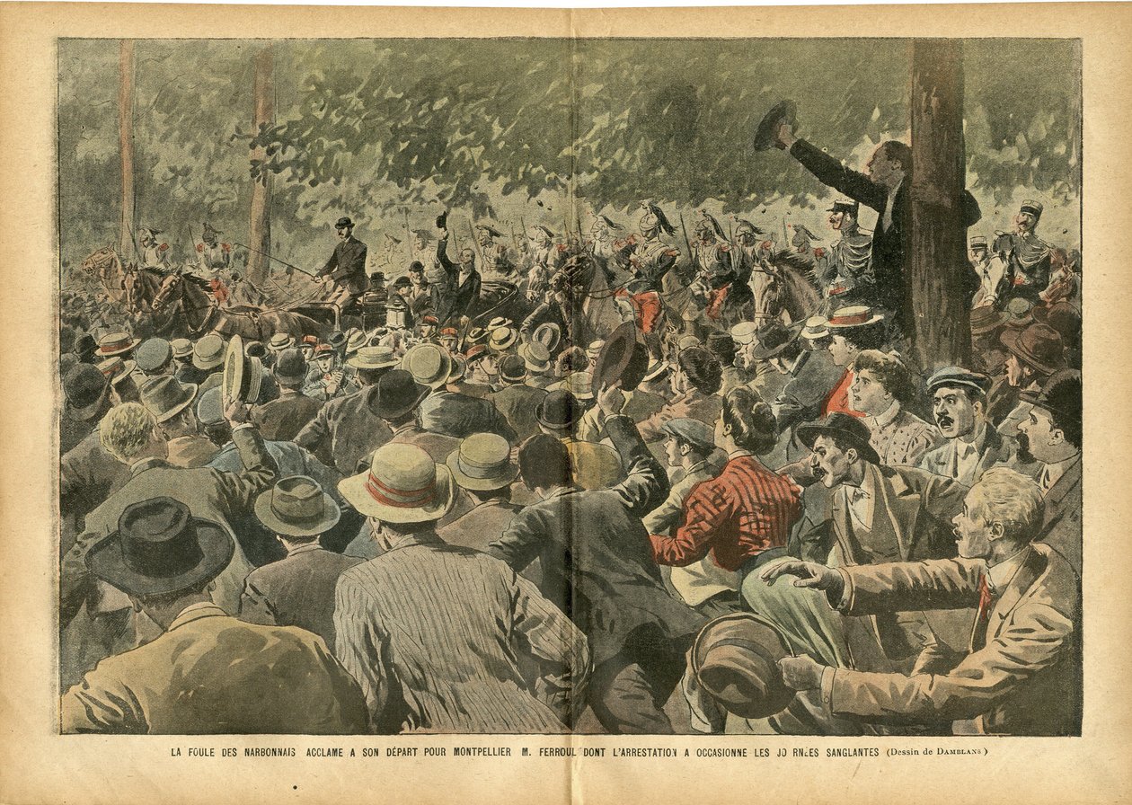 Illustration af Eugene Damblans (1865-1945) i Le Pelerin, 30/06/07 - Narbonnais-publikummet jubler over Montpellier M. Ferroul, hvis arrestation forårsagede blodige dage - Social, Wine, Wine Crisis Winerower Revolte, Narbonne - Ferroul Ernest (1853- 1921) af Eugene Damblans