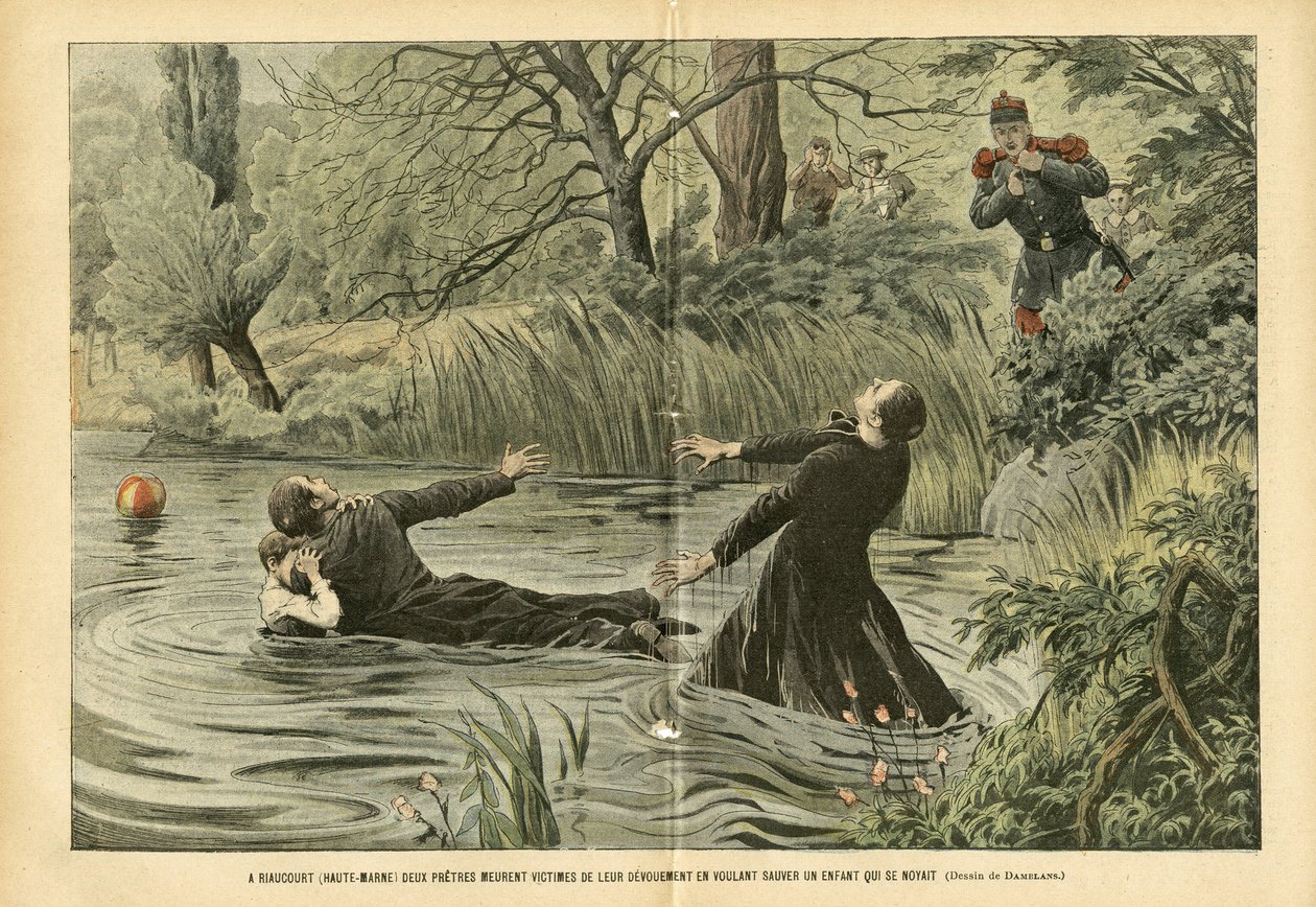 Illustration af Eugene Damblans (1865-1945) i Le Pelerin, 30/07/05 - I Riaucourt (Haute-Marne) dør to præster ofre for deres hengivenhed i forsøget på at redde et barn, der var druknet - Diverse fakta, Barndom, Maritime Marine Nautical Balneaire, Riviere af Eugene Damblans