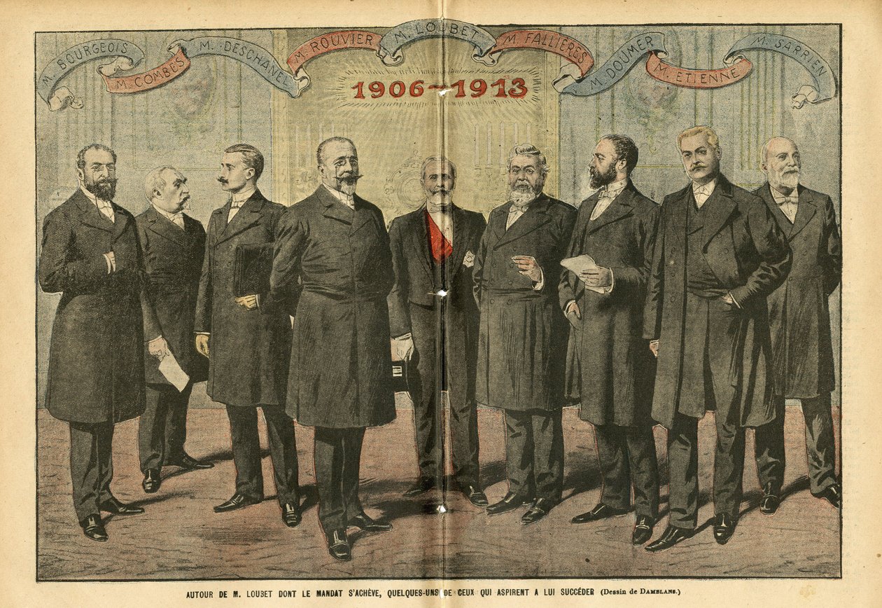 Illustration af Eugene Damblans (1865-1945) i Le Pelerin, 31/12/05 - Omkring M. Loubet donerer perioden slutter, nogle af dem, der stræber efter at efterfølge ham - Valg, republikkens præsident - Combes Emile (1835-1921) ), Doumer Paul (1857-1932), Rouvier af Eugene Damblans