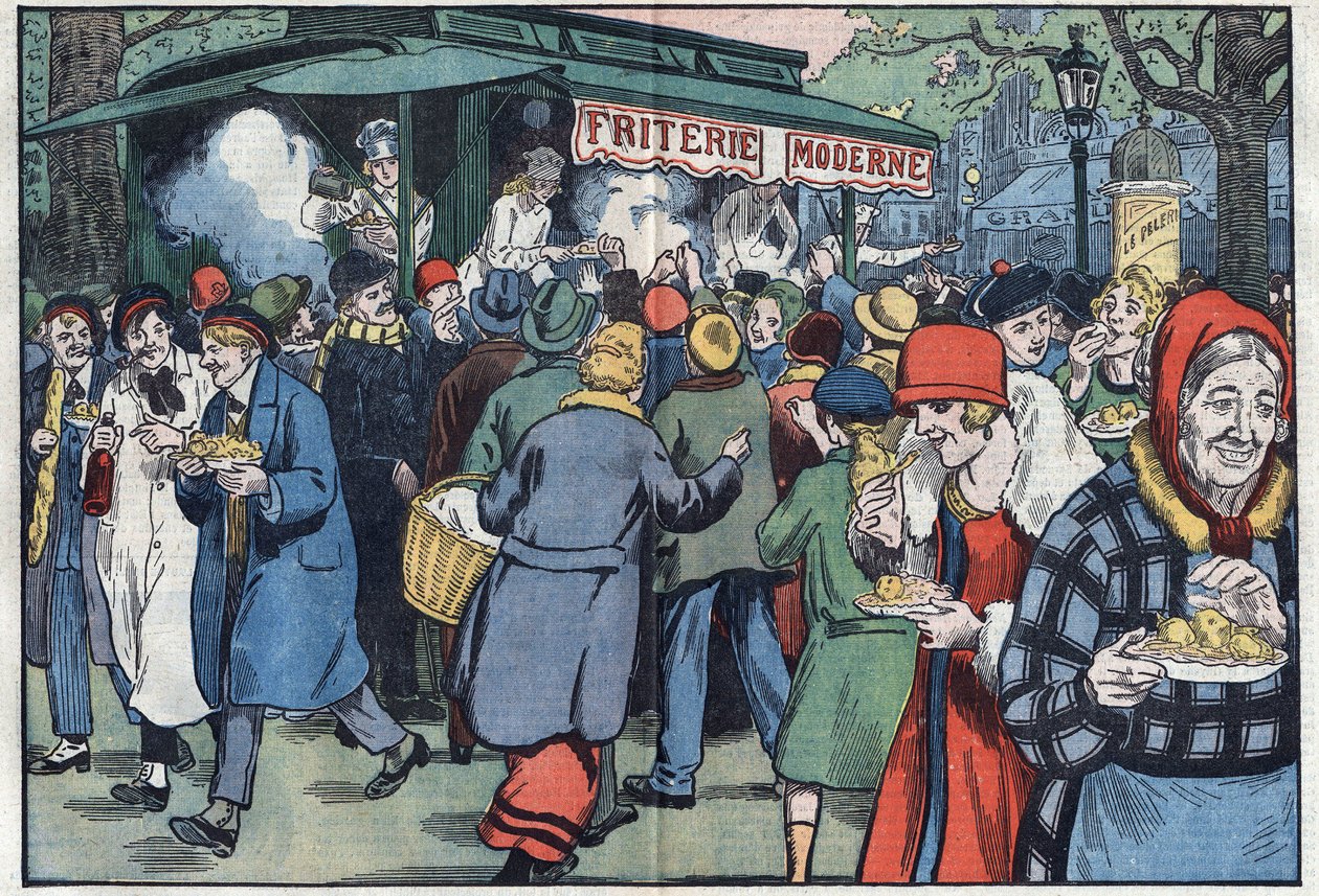 I Paris rejser en street fries (pommes frites-forhandler), opmuntret af regeringen, gennem de forskellige kvarterer for at tilskynde befolkningen til at spise fisk. Illustration af Damblans. I "" Le Pelerin"" af 11. april af Eugene Damblans