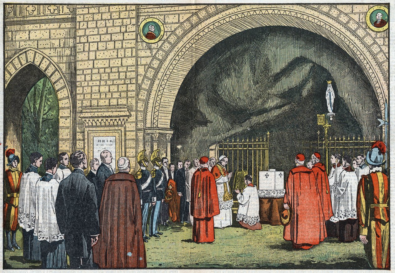 Foran "Grotto de Lourdes", i Vatikanets haver, velsignede pave Pius XI den første sten af Propagandakollegiet, som ville rejse sig på Janicule. Illustration af Damblans. I "Le Pelerin" af 3. juni af Eugene Damblans