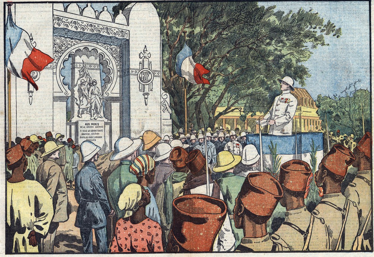 Indvielse i Dakar af Andre Maginot (1877-1932), minister for kolonier, af monumentet over de tredive tusinde døde i Fransk Vestafrika. Illustration af Damblans. I "" Le Pelerin"" af 10. marts af Eugene Damblans