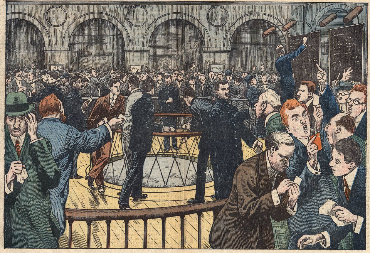 Indvendig visning af Paris-børsen. Illustration af Damblans. I "" Le Pelerin"" af 5. december af Eugene Damblans