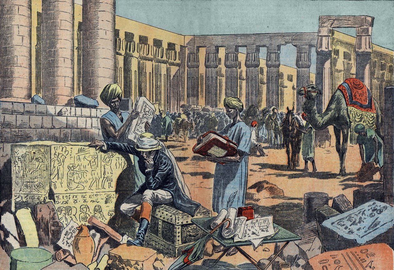 Jean Francois (Jean-Francois) Champollion (1790-1832), en fransk egyptolog, der studerer en inskription blandt kolonnaderne i Theben. Stik fra 1923. Tegning af Damblans. af Eugene Damblans