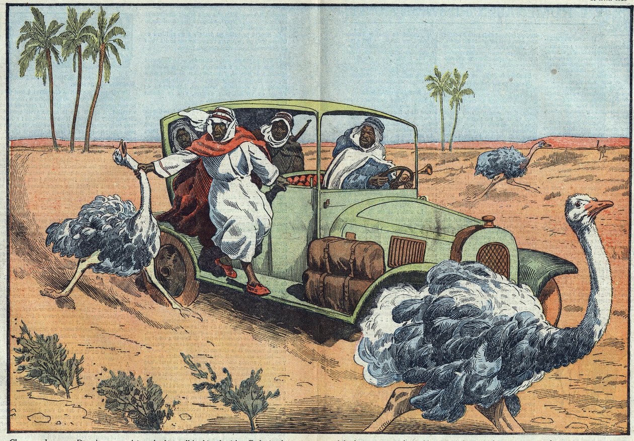 Moderne jagt: I den arabiske ørken driver velhavende beduiner unge østrigere for at fange dem i live. Illustration af Damblans. I "" Le Pelerin"" af 16. april af Eugene Damblans