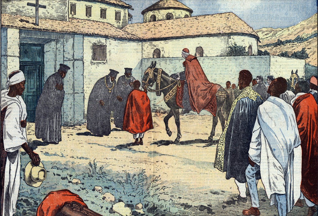 Monsignor Lepicier af Marias tjenereorden, ærkebiskop af Tarsus, blev modtaget i det koptiske kloster i Debre-Bizen i anledning af et apostolisk besøg i Abessinien (Etiopien). Illustration af Damblans. I "" Le Pelerin"" af 21. august af Eugene Damblans