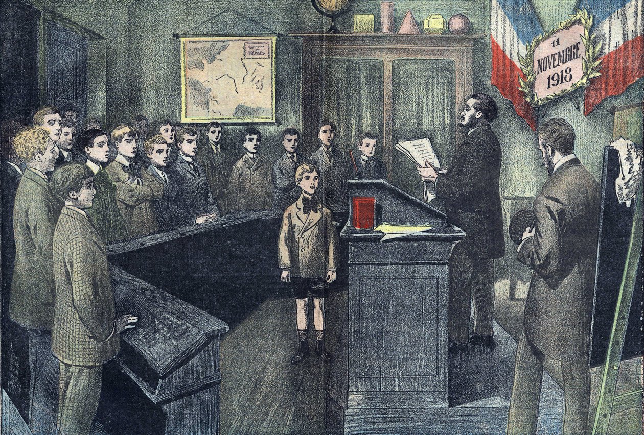 November 1923: I hver kommune i Frankrig læste skolemesteren, dagen før våbenhvilen, navnene på indbyggernes grave i æresområdet, og hver elev svarede "Død for Frankrig". Tegning af Damblans fra 1923. af Eugene Damblans