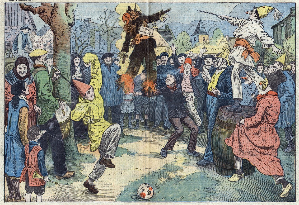 Gamle skikke: kremeringen af "" karneval", om aftenen Mardi Gras (Mardi-Gras), repræsenterer de fornøjelser og gode kære forladt ved tærsklen til Careme. Illustration af Damblans. I "" Le Pelerin"" af 16. marts af Eugene Damblans