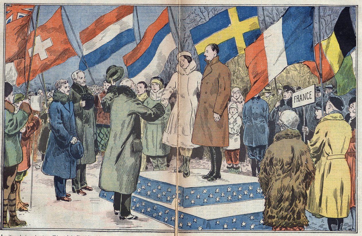 Olympiske vinterlege (1932) - afslutningsceremoni: de franske skatere M. og fru Brunet Joly (Brunet-Joly), olympiske mestre, lykønskes af juryen. Lake Placid, USA. Illustration af Damblans. I "" Le Pelerin"" af 18. marts af Eugene Damblans