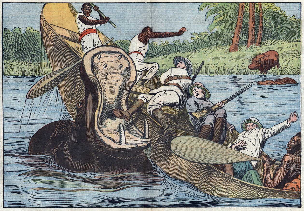Ved Victoriasøen, Afrika, bliver en båd besat af anglikanske missionærer og oprindelige folk kæntret af en såret flodhest. Illustration af Damblans. I "" Le Pelerin"" af 16. maj af Eugene Damblans