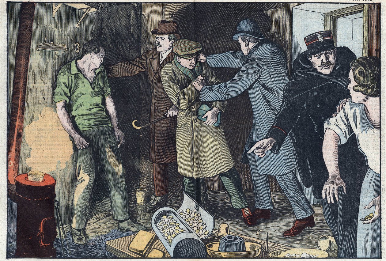 Politiet overrasker i Paris skiløbere, der sank i deres smeltedigel for flere millioner guld- og sølvmønter. Illustration af Damblans. I "" Le Pelerin"" af 28. februar af Eugene Damblans