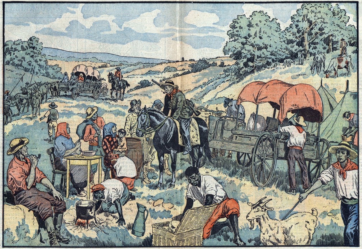 Befolkningsmigration i Afrika: 2000 boere forlader den portugisiske koloni Angola med transport til de mere frugtbare regioner i Sydafrika. Illustration af Damblans i "" Le Pelerin"" af 30. september af Eugene Damblans