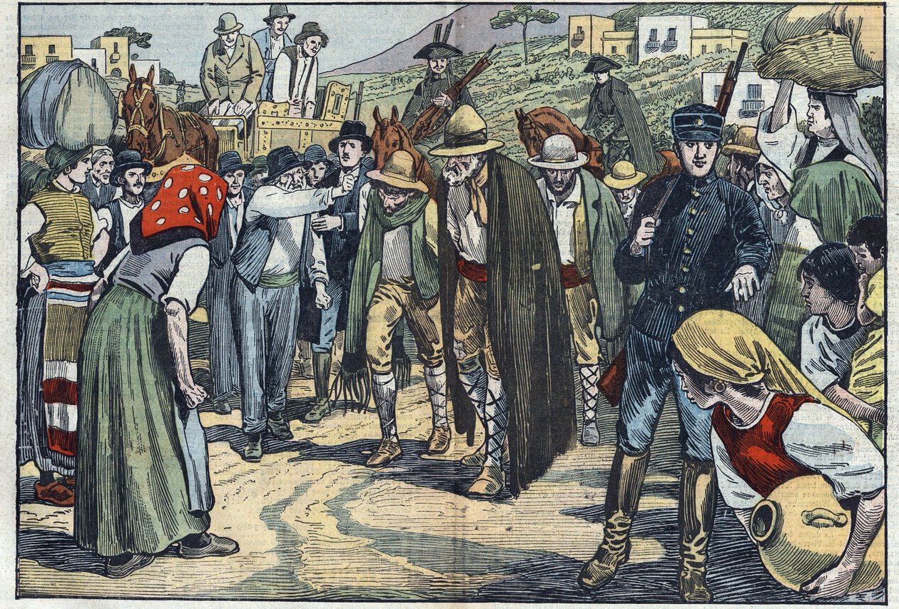 Røvere anholdt af det italienske fascistiske politi. Sicilien, Italien. Illustration af Damblans. I "" Le Pelerin"" af 14. februar af Eugene Damblans