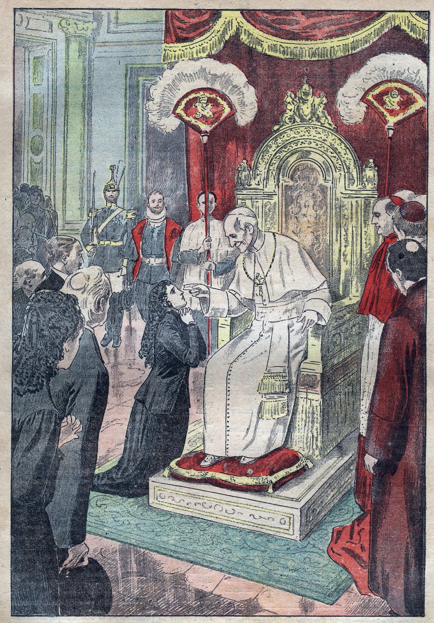 Den hellige Therese af Jesusbarnet (eller Lisieux 1873-1897), stadig en ung pige ved fødderne af pave Leon XIII, fik hun til at komme ind i Karmel i en alder af femten i 1888 - illustration af Damblans fra 1923 af Eugene Damblans