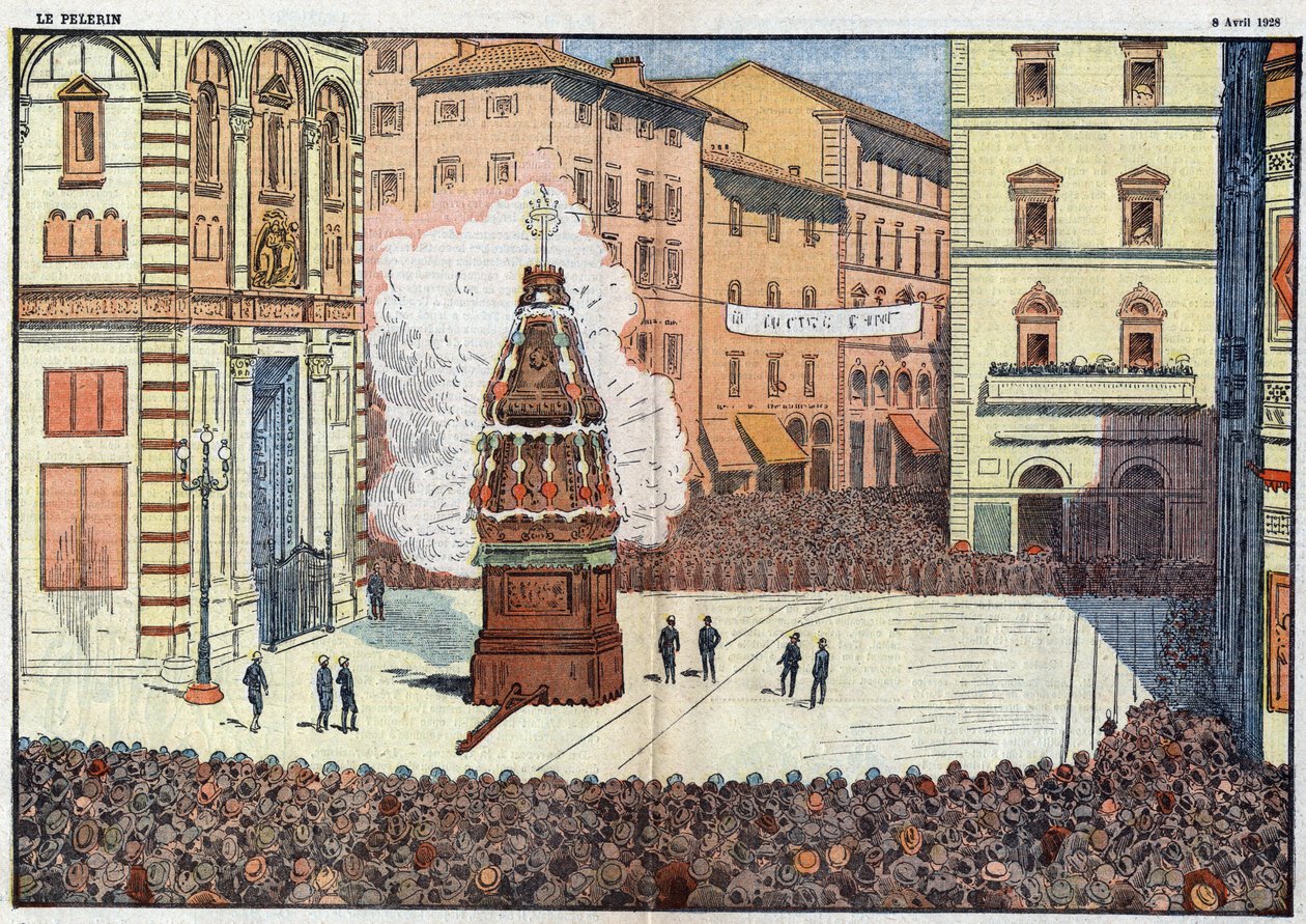 Scoppio del Carro (eksplosion af vognen) folkebegivenhed i byen Firenze - illustration af Damlans fra april 1928 af Eugene Damblans