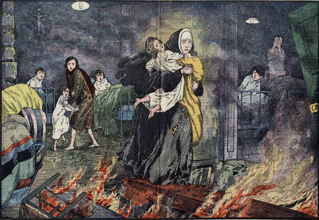 Søster Marie Gabrielle (Marie-Gabrielle) redder et barn under branden på børnehjemmet Bernards Ville (Bernards-Ville), i USA. Illustration af Damblans i "" the Pelerin"" af 27. november af Eugene Damblans