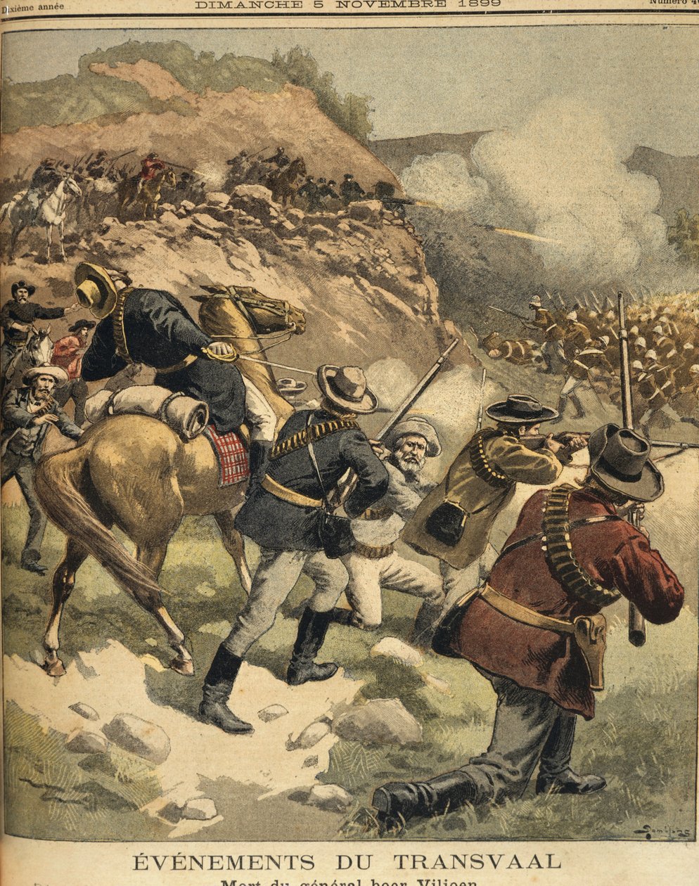 Sydafrika, The Anglo Boer Wars, Boer General Viljoens død under en kamp med englænderne, tryk af Eugene Damblans