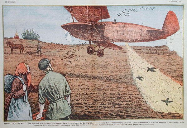 Såning af frø fra et fly i Sovjetrusland, illustration til magasinet 