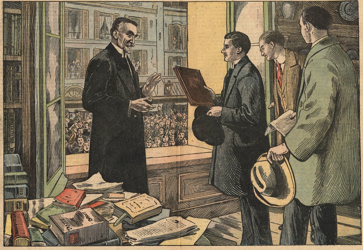 Studerende fra Det Juridiske Fakultet holder adresse til dekan Henry Berthelemy (1857-1943). Illustration af Damblans. I "" Le Pelerin"" af 10. april af Eugene Damblans