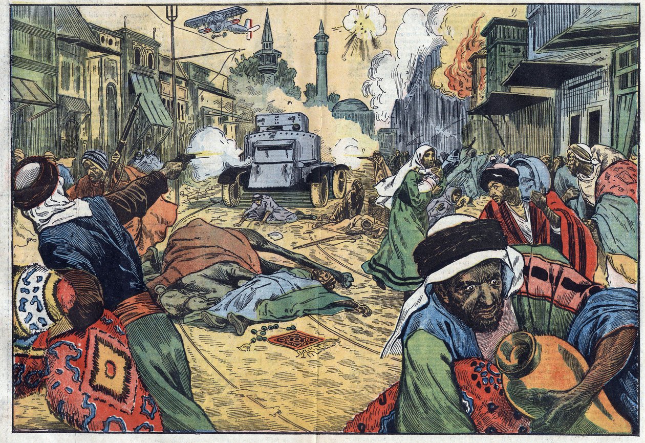 Druserne (druserne) plyndrede gaderne i Damaskus (Syrien) under angrebet på byen med fly og et maskingevær (selv-maskingevær) af franske tropper af general Maurice Sarrail (1856-1929). Illustration af Damblans. I "" Le Pelerin"" af 15. november af Eugene Damblans